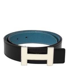 Pre Owned Hermes Noir/Bleu Jeans Chamonix and Togo Leather Constance Reversible Belt 90 CM