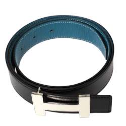 Pre Owned Hermes Noir/Bleu Jeans Chamonix and Togo Leather Constance Reversible Belt 90 CM