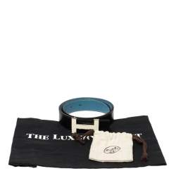 Pre Owned Hermes Noir/Bleu Jeans Chamonix and Togo Leather Constance Reversible Belt 90 CM