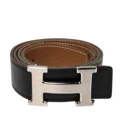 Pre Owned Hermes Noir/Gold Chamonix and Togo Leather Constance Reversible Belt 85 CM