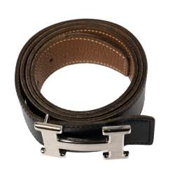 Pre Owned Hermes Noir/Gold Chamonix and Togo Leather Constance Reversible Belt 85 CM