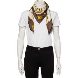 Pre Owned Hermes Brown Key Print Silk Twill Square Scarf