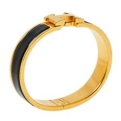 Pre Owned Hermès Clic H Black Enamel Gold Plated Narrow Bracelet PM
