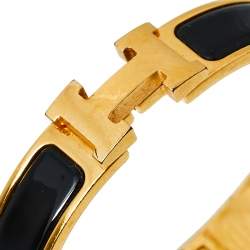 Pre Owned Hermès Clic H Black Enamel Gold Plated Narrow Bracelet PM