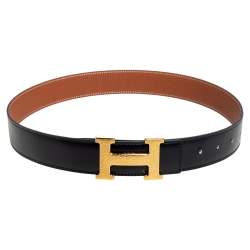 Pre Owned Hermes Noir/Gold Box and Togo Leather Hammered Finish H Buckle Reversible Belt 80 CM