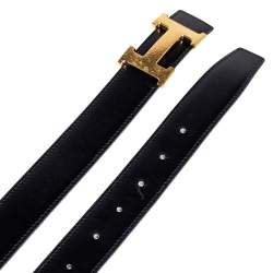 Pre Owned Hermes Noir/Gold Box and Togo Leather Hammered Finish H Buckle Reversible Belt 80 CM