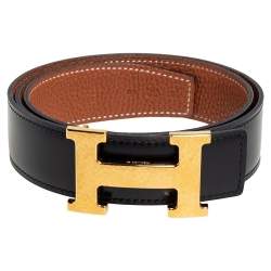 Pre Owned Hermes Noir/Gold Box and Togo Leather Hammered Finish H Buckle Reversible Belt 80 CM
