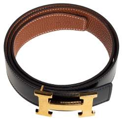 Pre Owned Hermes Noir/Gold Box and Togo Leather Hammered Finish H Buckle Reversible Belt 80 CM
