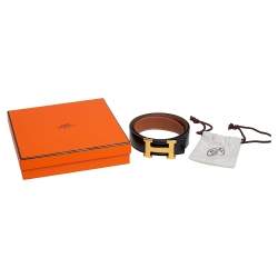Pre Owned Hermes Noir/Gold Box and Togo Leather Hammered Finish H Buckle Reversible Belt 80 CM
