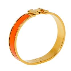 Pre Owned Hermès Clic H Orange Enamel Gold Plated Narrow Bracelet PM
