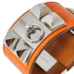 Pre Owned Hermès Orange Leather Collier de Chien Cuff Bracelet S
