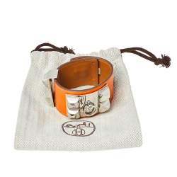 Pre Owned Hermès Orange Leather Collier de Chien Cuff Bracelet S