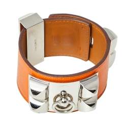 Pre Owned Hermès Orange Leather Collier de Chien Cuff Bracelet S