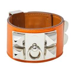 Pre Owned Hermès Orange Leather Collier de Chien Cuff Bracelet S