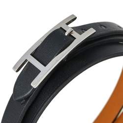 Pre Owned Hermès Hapi 3 Black Leather Palladium Plated Wrap Bracelet S