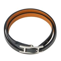 Pre Owned Hermès Hapi 3 Black Leather Palladium Plated Wrap Bracelet S