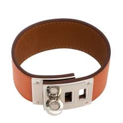Pre Owned Hermes Kelly Dog Orange Epsom Leather Palladium Plated Wide Bracelet