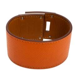 Pre Owned Hermes Kelly Dog Orange Epsom Leather Palladium Plated Wide Bracelet