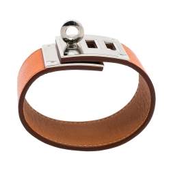 Pre Owned Hermes Kelly Dog Orange Epsom Leather Palladium Plated Wide Bracelet