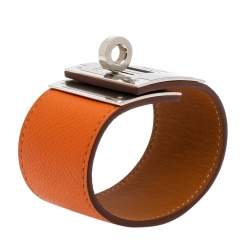 Pre Owned Hermes Kelly Dog Orange Epsom Leather Palladium Plated Wide Bracelet