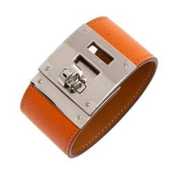 Pre Owned Hermes Kelly Dog Orange Epsom Leather Palladium Plated Wide Bracelet