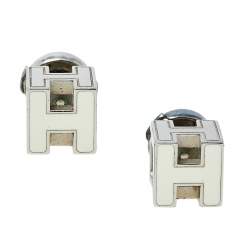 Pre Owned Hermes Cage d'H White Lacquer Palladium Plated Earrings