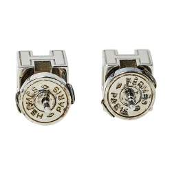 Pre Owned Hermes Cage d'H White Lacquer Palladium Plated Earrings