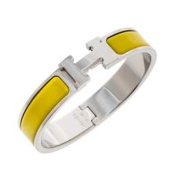 Pre Owned Hermès Clic H Lime Yellow Enamel Palladium Plated Narrow Bracelet PM