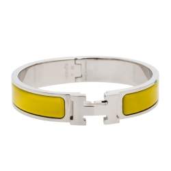 Pre Owned Hermès Clic H Lime Yellow Enamel Palladium Plated Narrow Bracelet PM
