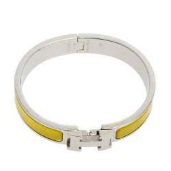 Pre Owned Hermès Clic H Lime Yellow Enamel Palladium Plated Narrow Bracelet PM