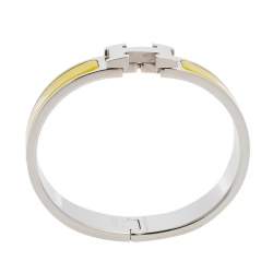 Pre Owned Hermès Clic H Lime Yellow Enamel Palladium Plated Narrow Bracelet PM