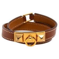 Pre Owned Hermès Brown Leather Rivale Double Tour Bracelet M