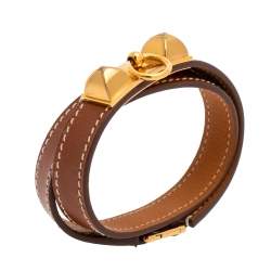 Pre Owned Hermès Brown Leather Rivale Double Tour Bracelet M