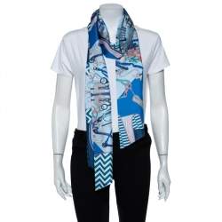 Pre Owned Hermes Blue Bouquets Sellier Printed Silk Maxi Twilly