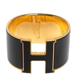 Pre Owned Hermès Clic Clac H Black Enamel Gold Plated Extra Wide Bracelet PM