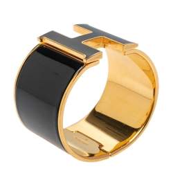 Pre Owned Hermès Clic Clac H Black Enamel Gold Plated Extra Wide Bracelet PM