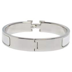 Pre Owned Hermès Clic H White Enamel Palladium Plated Narrow Bracelet PM 