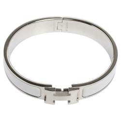Pre Owned Hermès Clic H White Enamel Palladium Plated Narrow Bracelet PM 