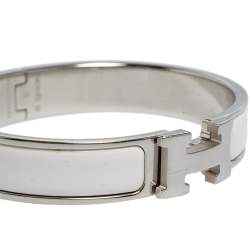 Pre Owned Hermès Clic H White Enamel Palladium Plated Narrow Bracelet PM 