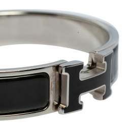 Pre Owned Hermès Clic H Black Enamel Palladium Plated Narrow Bracelet PM