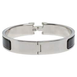 Pre Owned Hermès Clic H Black Enamel Palladium Plated Narrow Bracelet PM