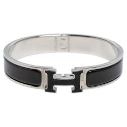 Pre Owned Hermès Clic H Black Enamel Palladium Plated Narrow Bracelet PM
