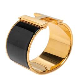 Pre Owned Hermès Clic Clac H Black Enamel Gold Plated Extra Wide Bracelet PM
