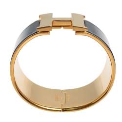 Pre Owned Hermès Clic Clac H Black Enamel Gold Plated Extra Wide Bracelet PM