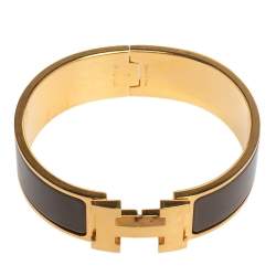 Pre Owned Hermès Clic Clac H Brown Enamel Gold Plated Wide Bracelet PM