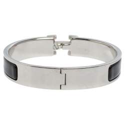 Pre Owned Hermès Clic H Black Enamel Palladium Plated Narrow Bracelet PM