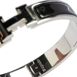 Pre Owned Hermès Clic H Black Enamel Palladium Plated Narrow Bracelet PM