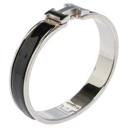 Pre Owned Hermès Clic H Black Enamel Palladium Plated Narrow Bracelet PM