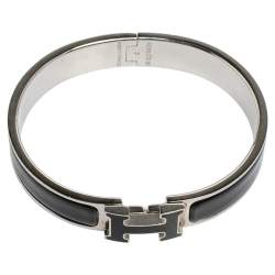 Pre Owned Hermès Clic H Black Enamel Palladium Plated Narrow Bracelet PM