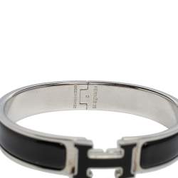 Pre Owned Hermès Clic H Black Enamel Palladium Plated Narrow Bracelet PM